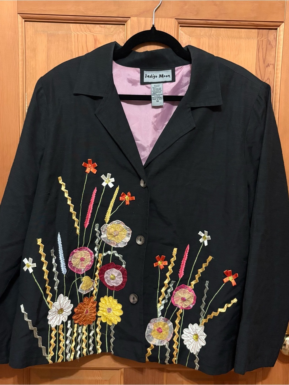 Indigo Moon Vintage Womens Black Floral Embroidered Pink Lined Blazer, 1X
